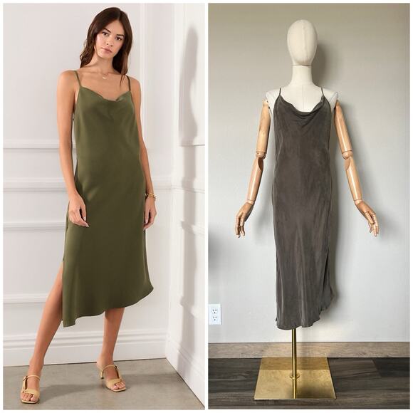 FIFTEEN TWENTY Sz M Brown Cupro Blend Cowl Neck Midi Slip Dress Side Slit - Picture 1 of 16